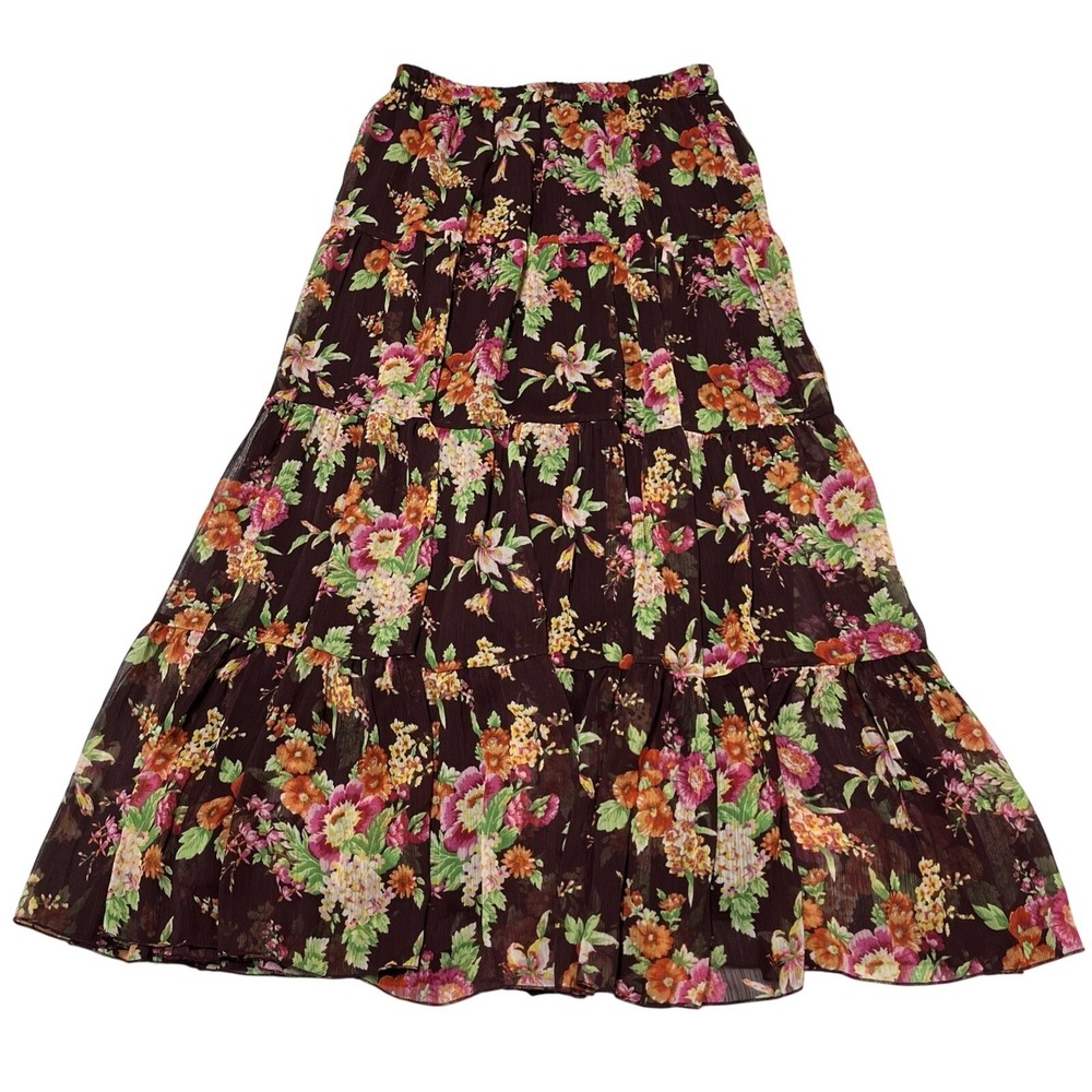 Linea Skirt Womens XS Purple Floral‎ Sheer Chiffon Overlay Tiered Maxi Boho